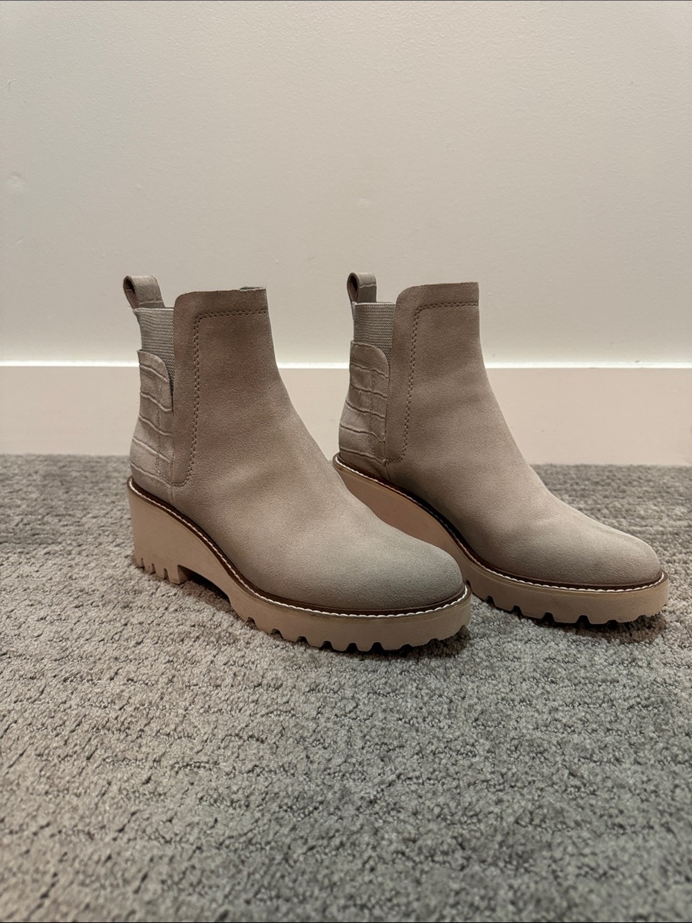 Dolce Vita Taupe Suede Chevron-Panel Chelsea Wedge Booties